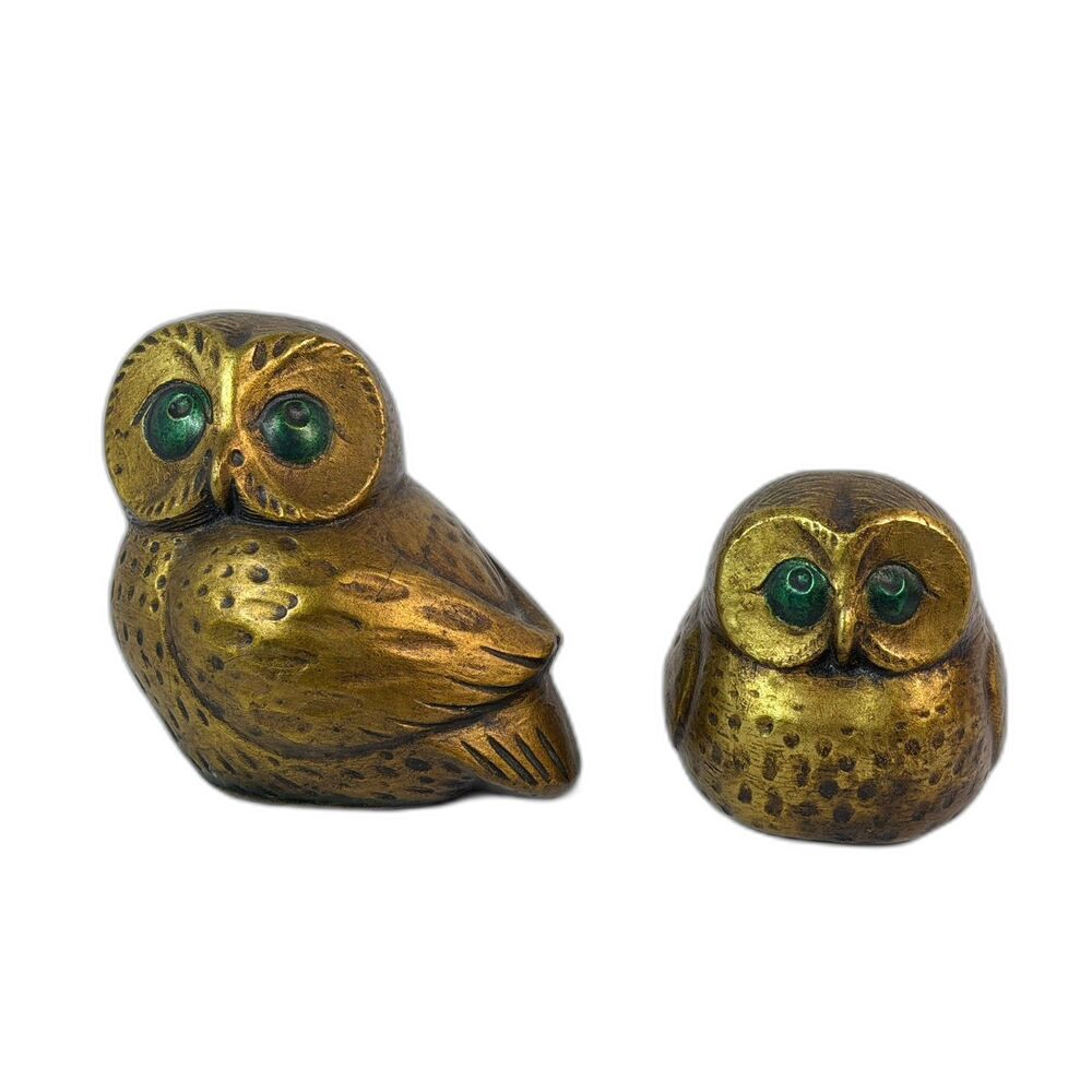 Vtg Pair Gold Owls Green Eyes Mid Century Paperweight Mod Kitschy Forest